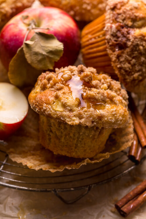 Bust out your muffins tins, because today I'm teaching you how to make the best apple crumb muffins! These apple muffins are moist, richly spiced, and loaded with tender apples! Plus, plenty of buttery crumb topping!