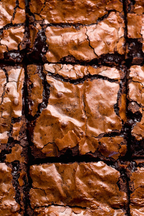 Homemade brownies in prepared baking pan, sliced into squares.